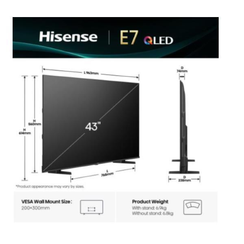 Hisense E7Q 43E79Q, 109,2 cm (43?), 3840 x 2160 Pixel, QLED, Smart TV, Wi-Fi, Nero